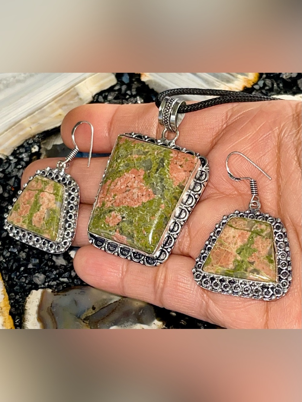 Peach Unakite Jasper Crystal Pendant & Earrings Set